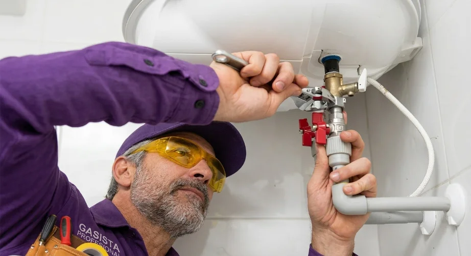Gasista con lentes de seguridad amarillos y camisa violeta ajustando la válvula de un termotanque.