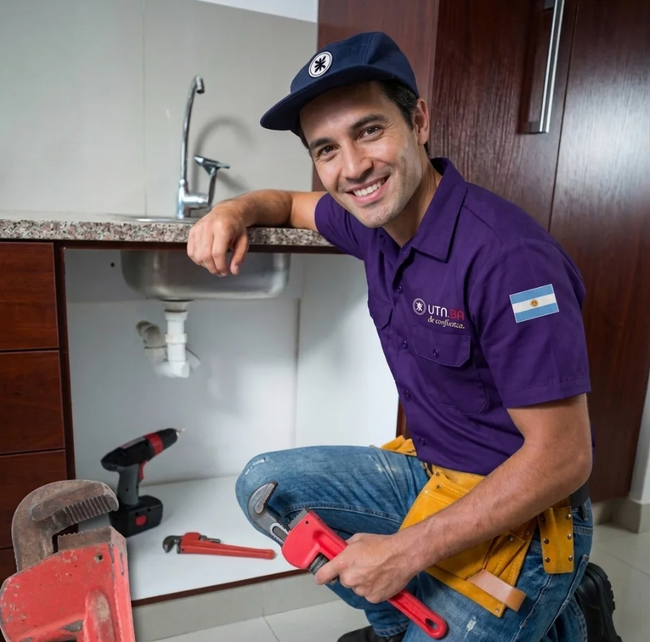 Plomero de la marca, con gorra y camisa violeta, apoyado en la mesada de una cocina con una llave de caño en la mano y el sifón de la pileta a la vista.